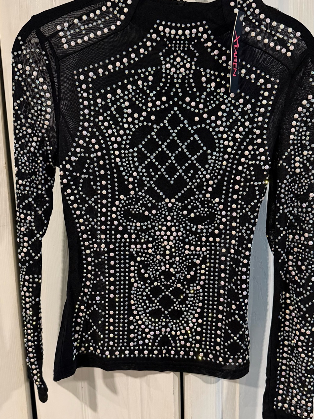Xtaren Black Long-Sleeve Mesh Top with Iridescent Studs M NWT